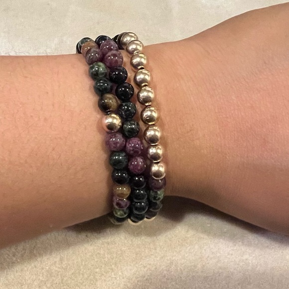 Watermelon Tourmaline Gold Filled Gemstone Set of 3 Stretch Stacking Bracelet - Picture 4 of 13